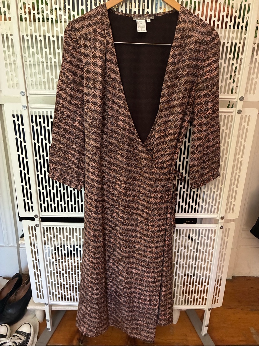 Brown Patterned Long-Sleeve Wrap Dress